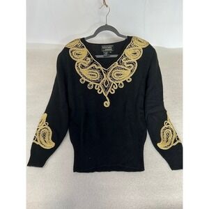 Vintage Maurada Lambswool Medium womens sweater applique shoulder pads 90s gold